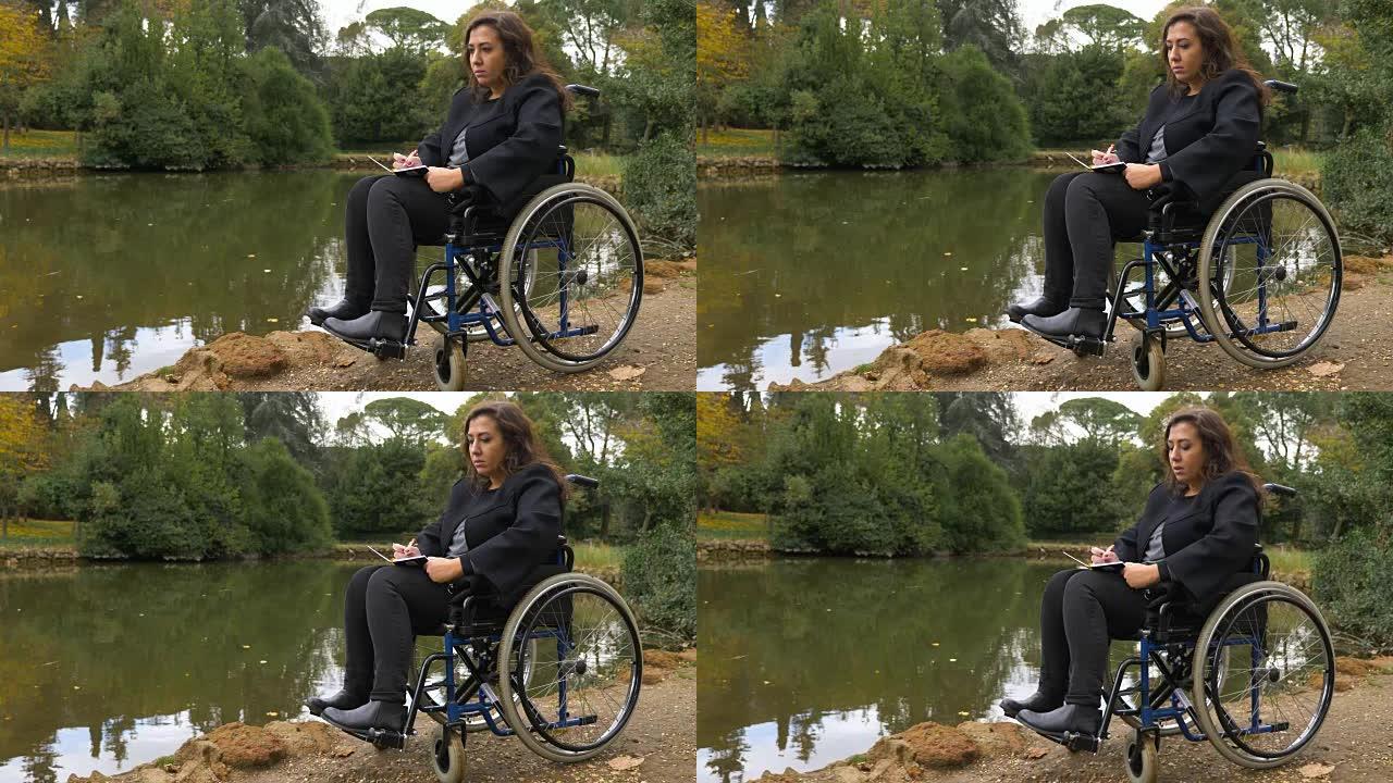 轮椅上的女人的肖像在湖边写了一封情书