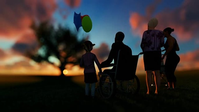 母亲和孩子与老年夫妇在橡树绿草地上享受日出，时光倒流云