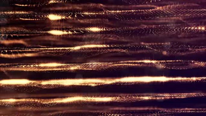 黄金无缝抽象背景与粒子。具有景深，辉光火花和数字元素的虚拟空间。粒子形成线条，表面。用于平视显示器或