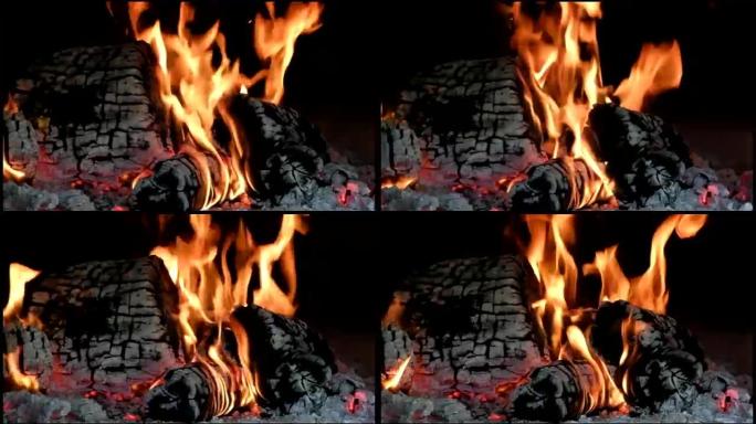 木材在耐火砖烤箱中燃烧。背景中燃烧的辫子。