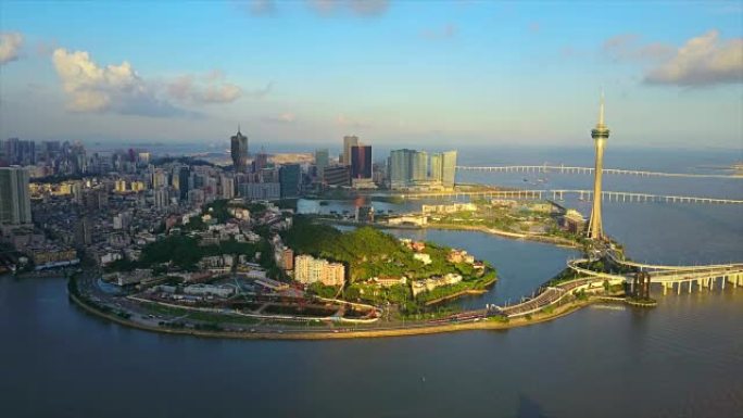 日落时间珠海湾澳门城市景观著名塔全景4k中国