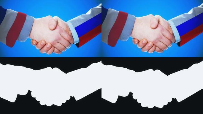 法国-俄罗斯/握手概念动画国家和政治/与matte频道