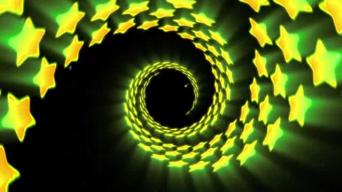 黄色星星的照明隧道，自旋线循环动画，