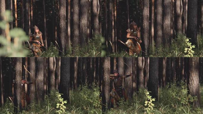 年轻的塔塔尔蒙古弓箭手射击弓箭，下午站在绿色森林中