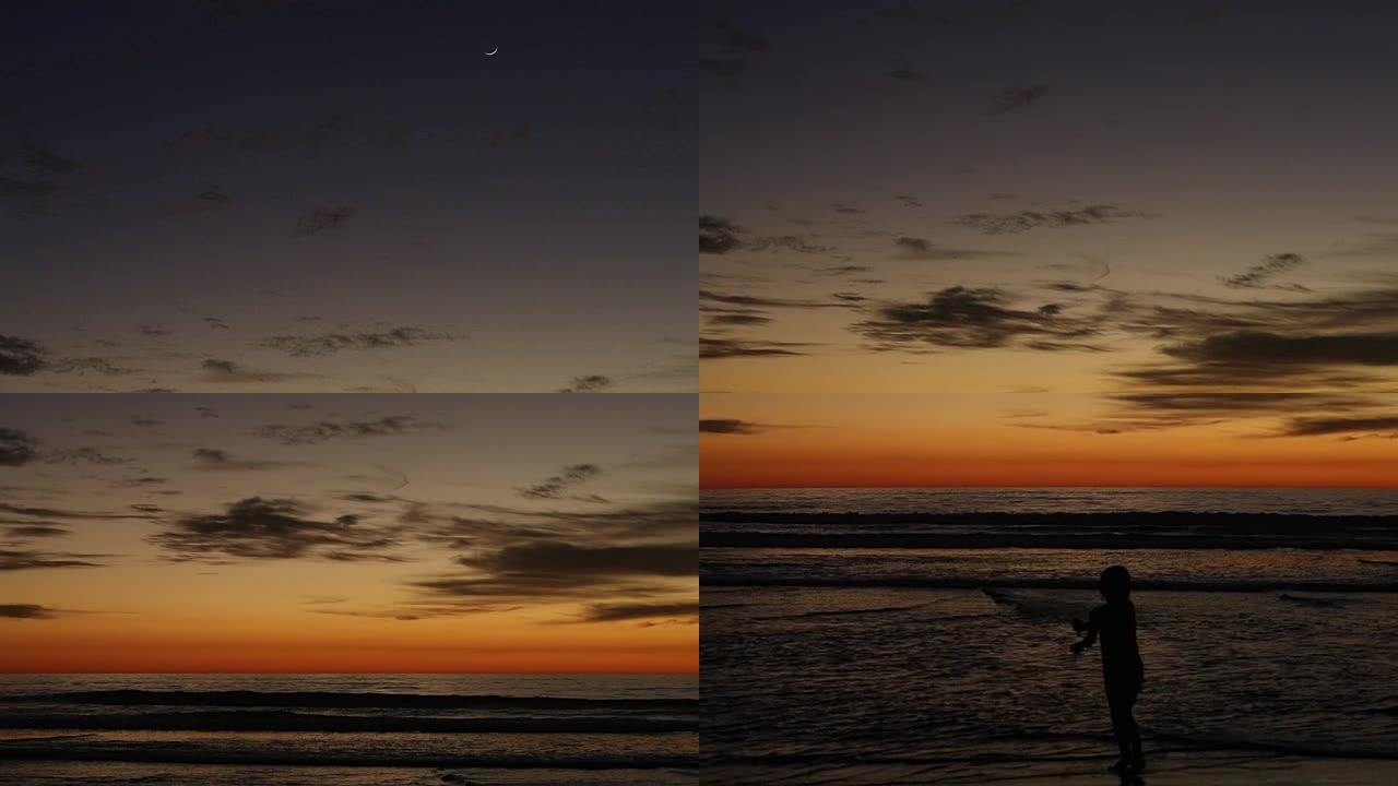 在加州圣地亚哥的特里松树海滩，在大海中玩耍，在落日的背景下受苦