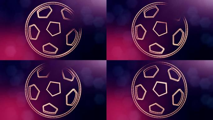 足球的图标。背景由辉光粒子作为玻璃体全息图。具有景深，散景和复制空间的3D无缝动画。紫色V2