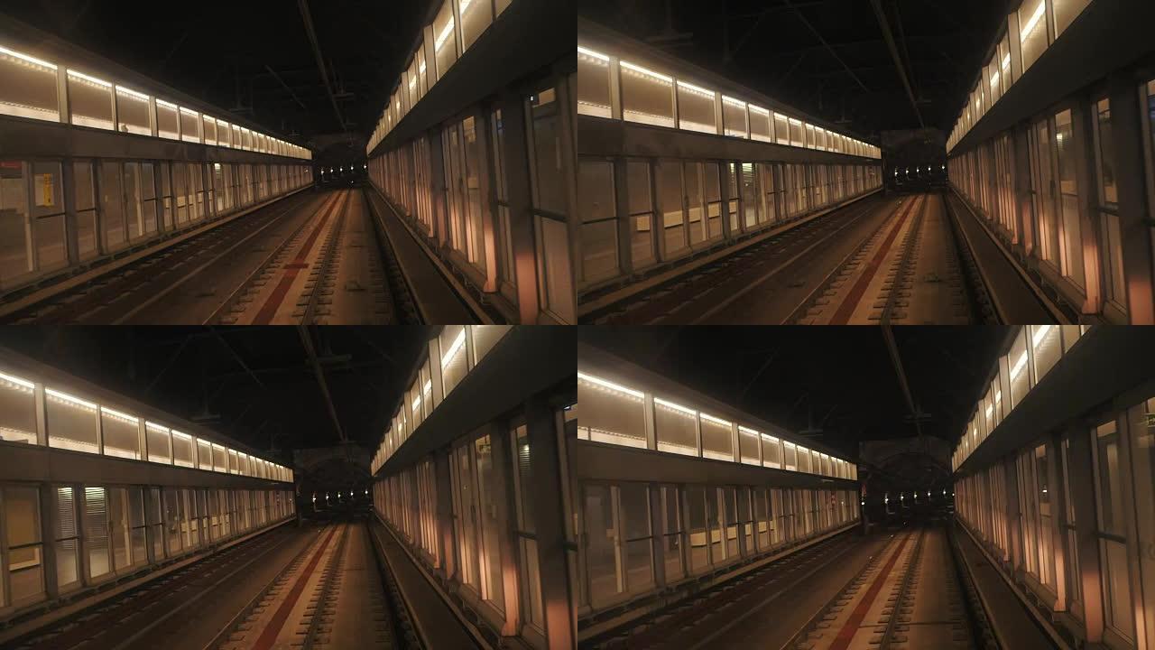 从行驶中的火车前部看到的地铁隧道视图。在现代地铁站乘坐快速地下火车。巴塞罗那沿其路线行驶的地下火车的