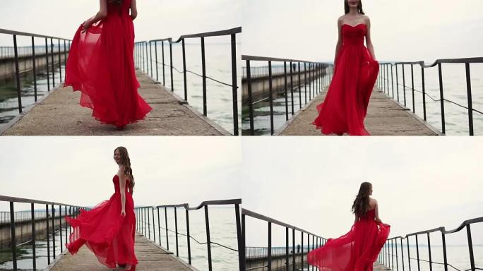 穿着猩红色连衣裙的快乐美女在码头穿红色高跟鞋
