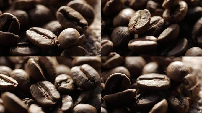 粗麻布背景上的少量棕色烘焙咖啡豆，特写镜头，旋转
