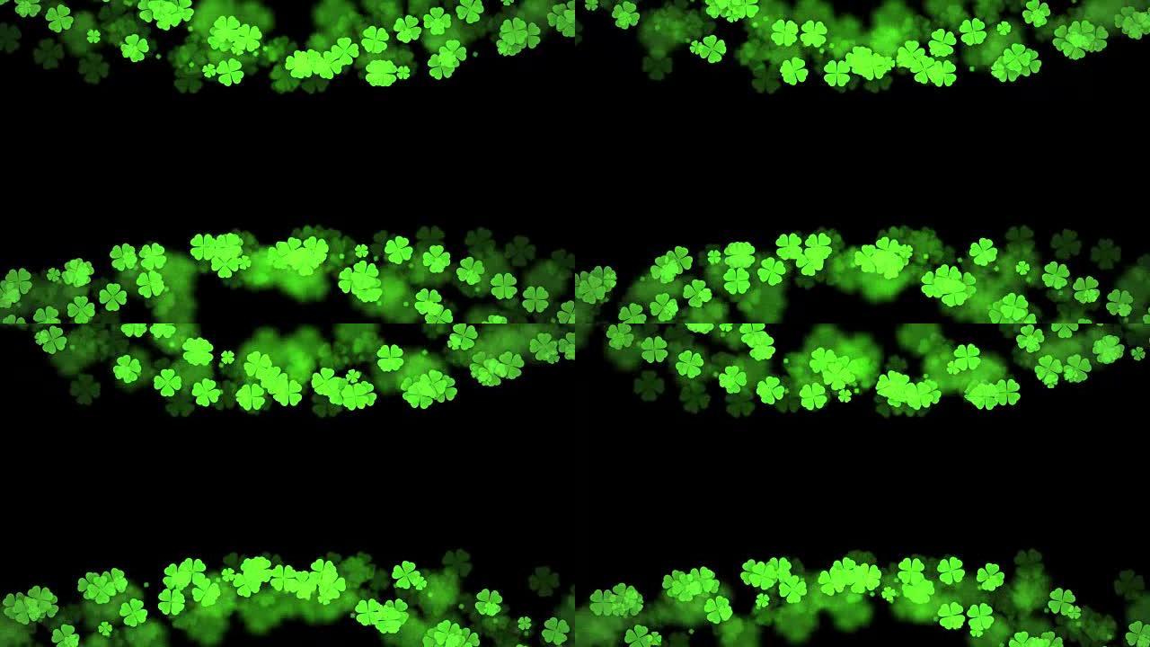 抽象bokeh光闪耀三叶草四叶图案绿色插图在深色背景上，无缝循环动画4K与中心复制空间
