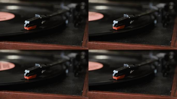 DJ转盘唱机上的黑胶唱片特写