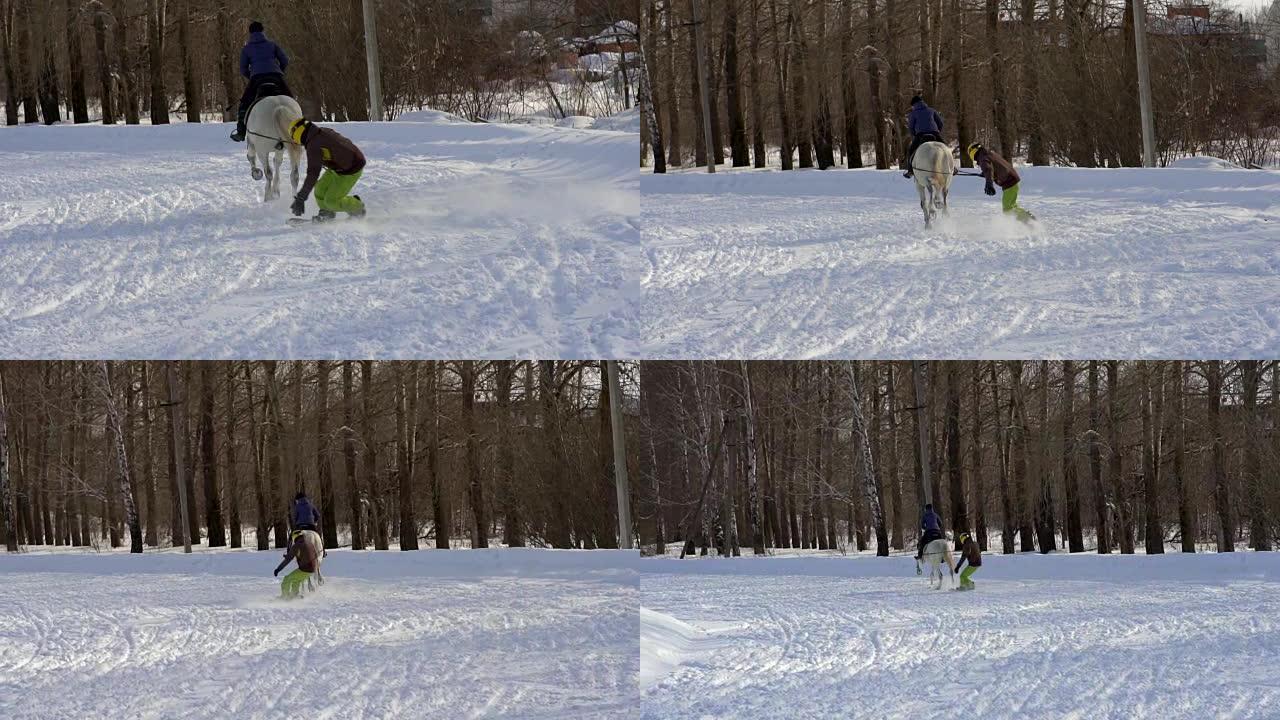 慢动作: 一个女孩骑着马疾驰。一匹马在绳子上拖着一个滑雪者。滑雪者在雪堆中骑在滑雪板上。女骑师和男滑