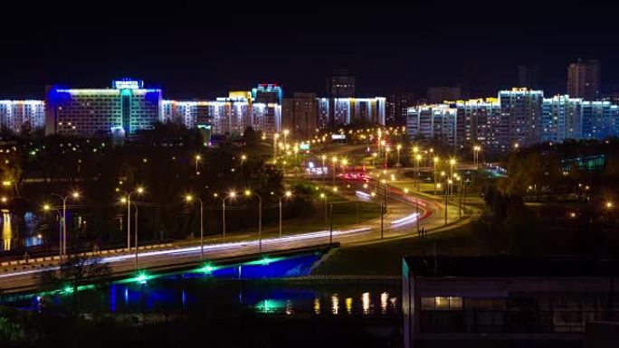 夜间照明明斯克城市景观屋顶全景4k延时白俄罗斯