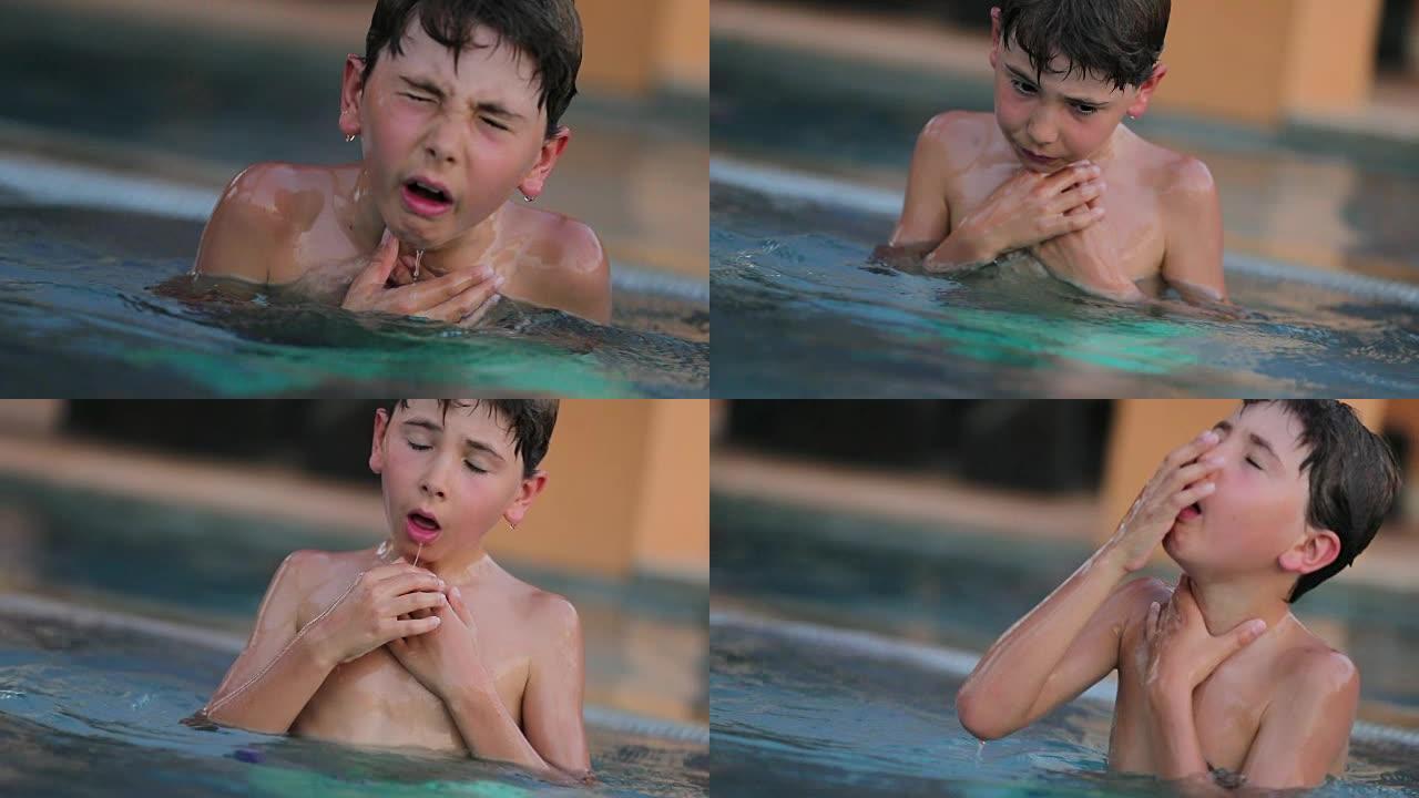 假装在游泳池窒息的孩子。小男孩假装有麻烦的戏剧性镜头。处于困境中的儿童在超慢动作120fps中哭泣寻