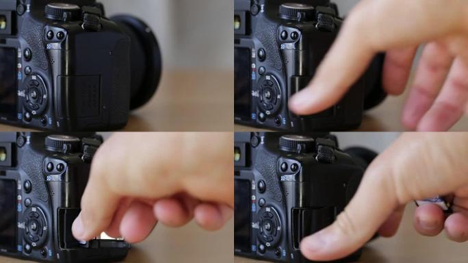 将存储卡从插槽中取出，放入相机中。