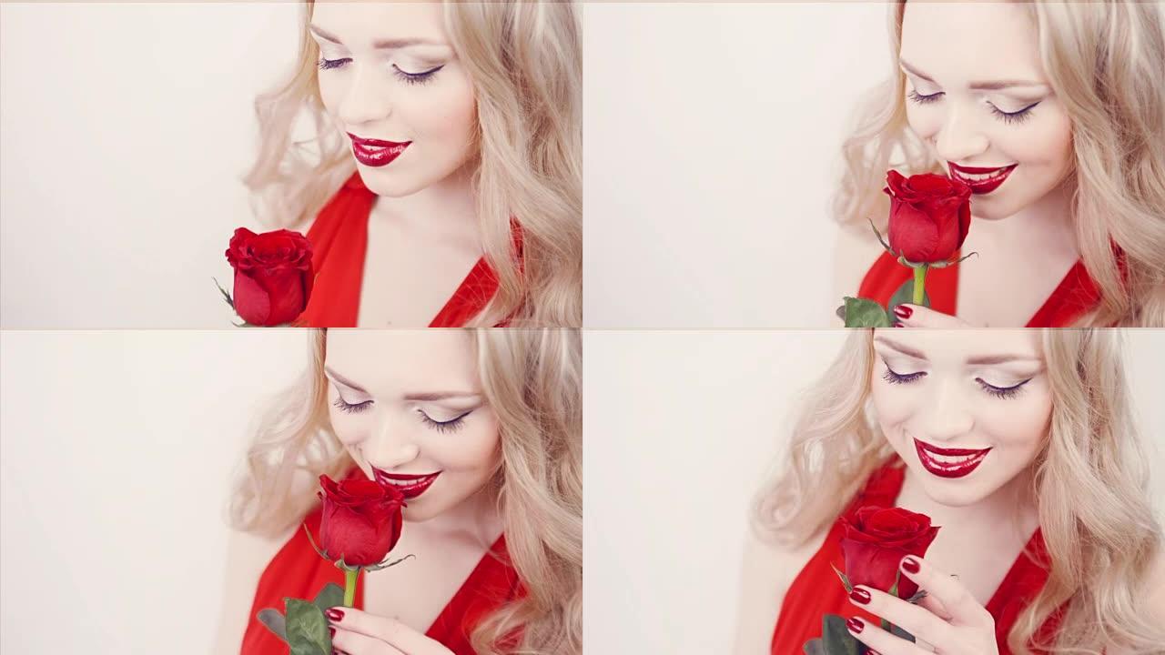 红唇一朵红玫瑰的女孩。
