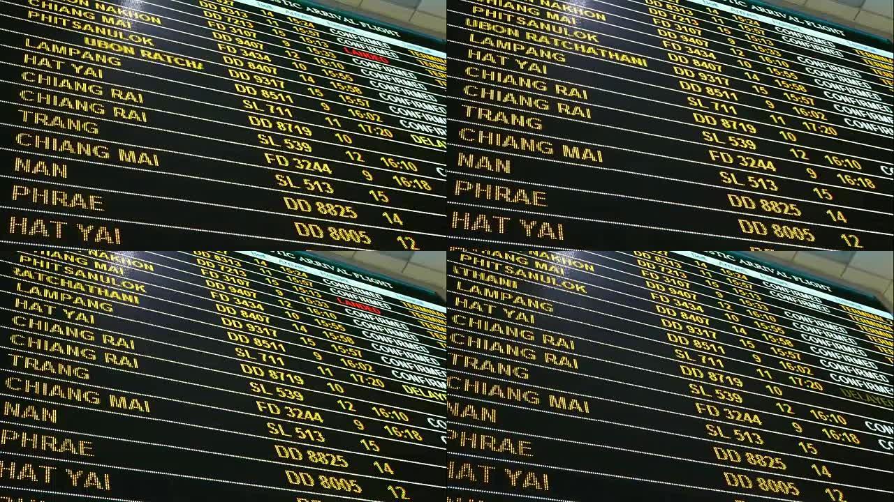 4k镜头。LED数字机场航班信息状态板，显示目的地，航空公司航班号和出发和到达机场航站楼的航班状态。