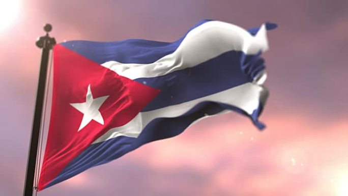 古巴国旗在日落时缓慢地在风中挥舞，循环