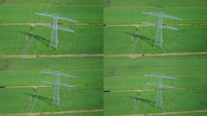 荷兰景观中的高压电缆和高压桅杆天线-4K