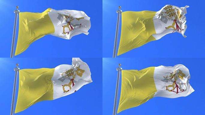 梵蒂冈城的旗帜在蓝天下缓慢地挥舞着，循环着