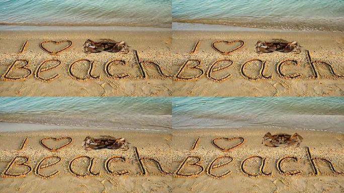 螃蟹和沙滩上的铭文。题词我喜欢沙滩上的海滩。