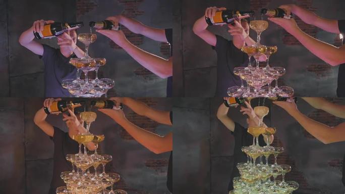 服务员在慢动作的金字塔酒杯中倒香槟，特写镜头