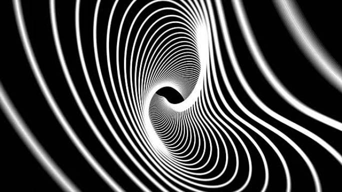 动态运动曲线的时尚背景，黑色为白色。流动的白线创造抽象的形状。同心环移动的背景