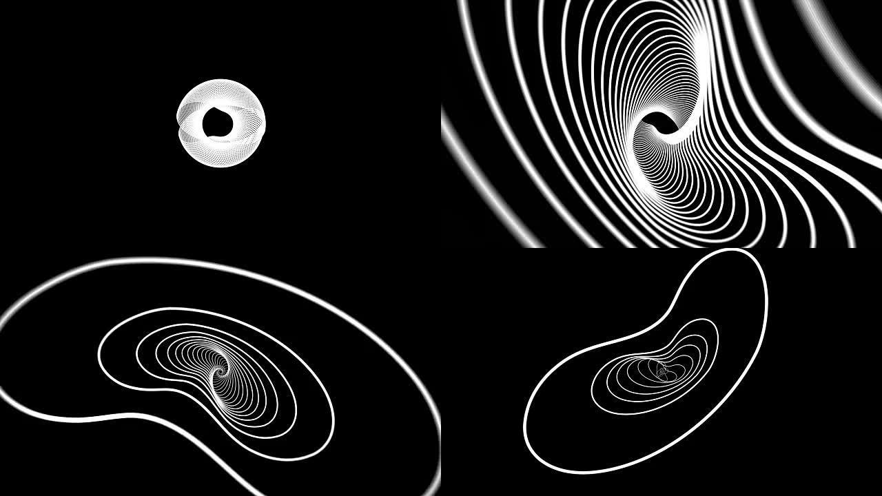 动态运动曲线的时尚背景，黑色为白色。流动的白线创造抽象的形状。同心环移动的背景