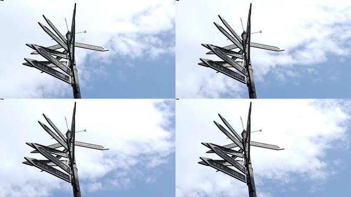 低观欧洲城市的标志，它们的方向和距离，时间流逝