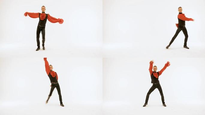 一个穿着黑色西装和红色衬衫的男人在白色背景上跳舞。