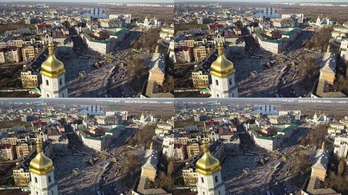 从FullHD的无人机到Sofiyivska广场的圣索菲亚大教堂的全景视频，鸟瞰图，离开了乌克兰基辅