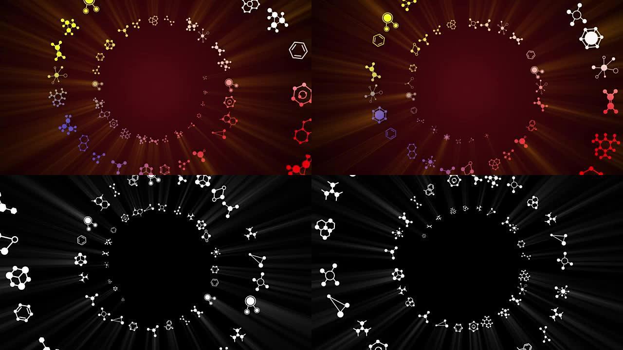 下降化学分子符号动画，背景，渲染，循环，带阿尔法通道