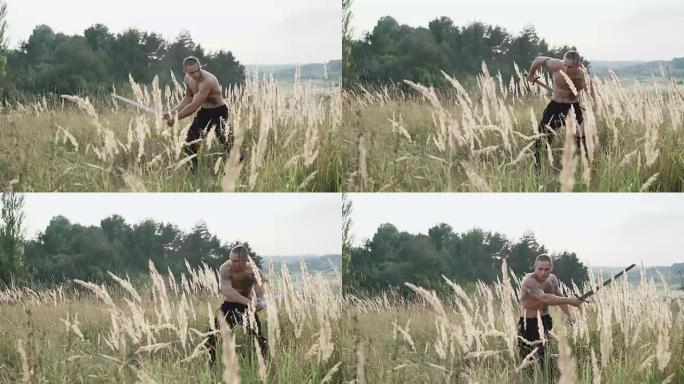 现代哥萨克在田野里用剑训练
