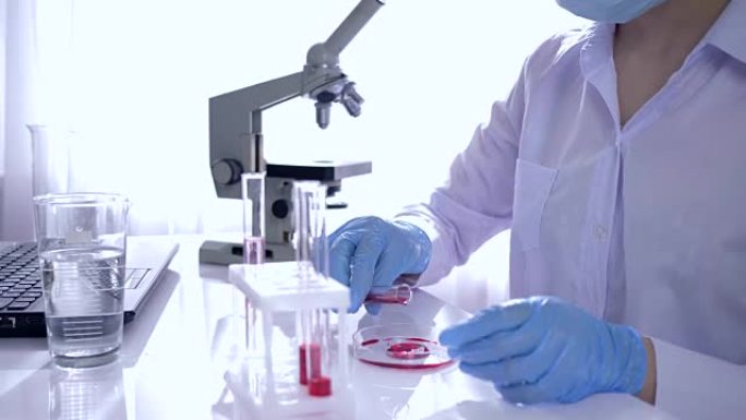 在现代实验室中研究血液，女性在橡胶手套和眼镜中与试管和试剂一起工作