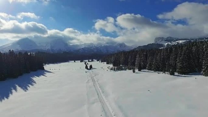冬天高松高路的白雪皑皑的森林鸟瞰图。