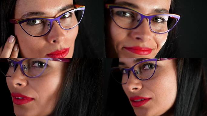 一个性感的黑发女人的肖像，嘴唇红红的，她在工作室里情色和嬉戏地尝试着时尚的眼镜、眼镜和性地看着相机。