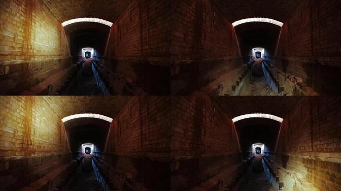 红砖废弃地下下水道隧道，带有戏剧性的神秘气氛，内部下水道