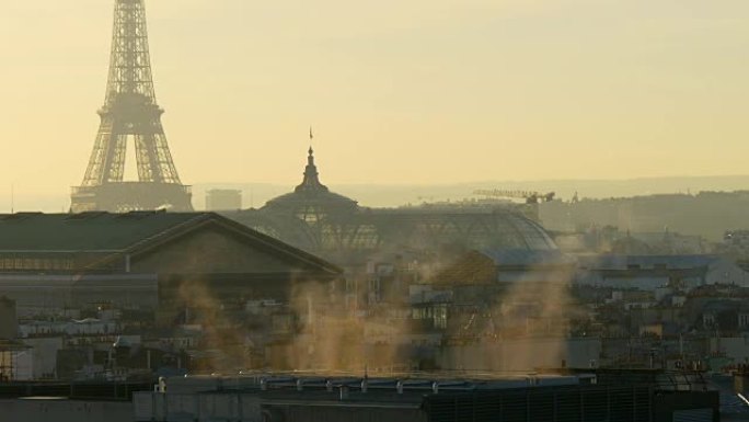 法国日落巴黎画廊老佛爷屋顶烟城市景观埃菲尔铁塔全景4k