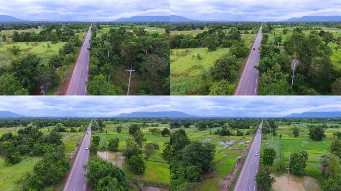 泰国穿过乡村的道路的鸟瞰图。