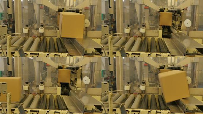 在大米工厂的传送带上折叠纸板箱-4K