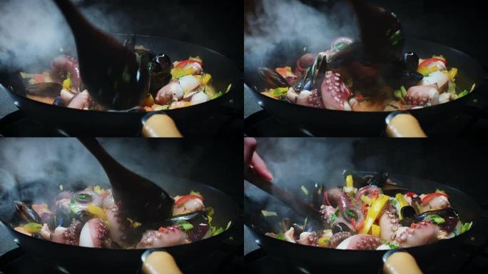 4k煎锅配新鲜章鱼炖煮