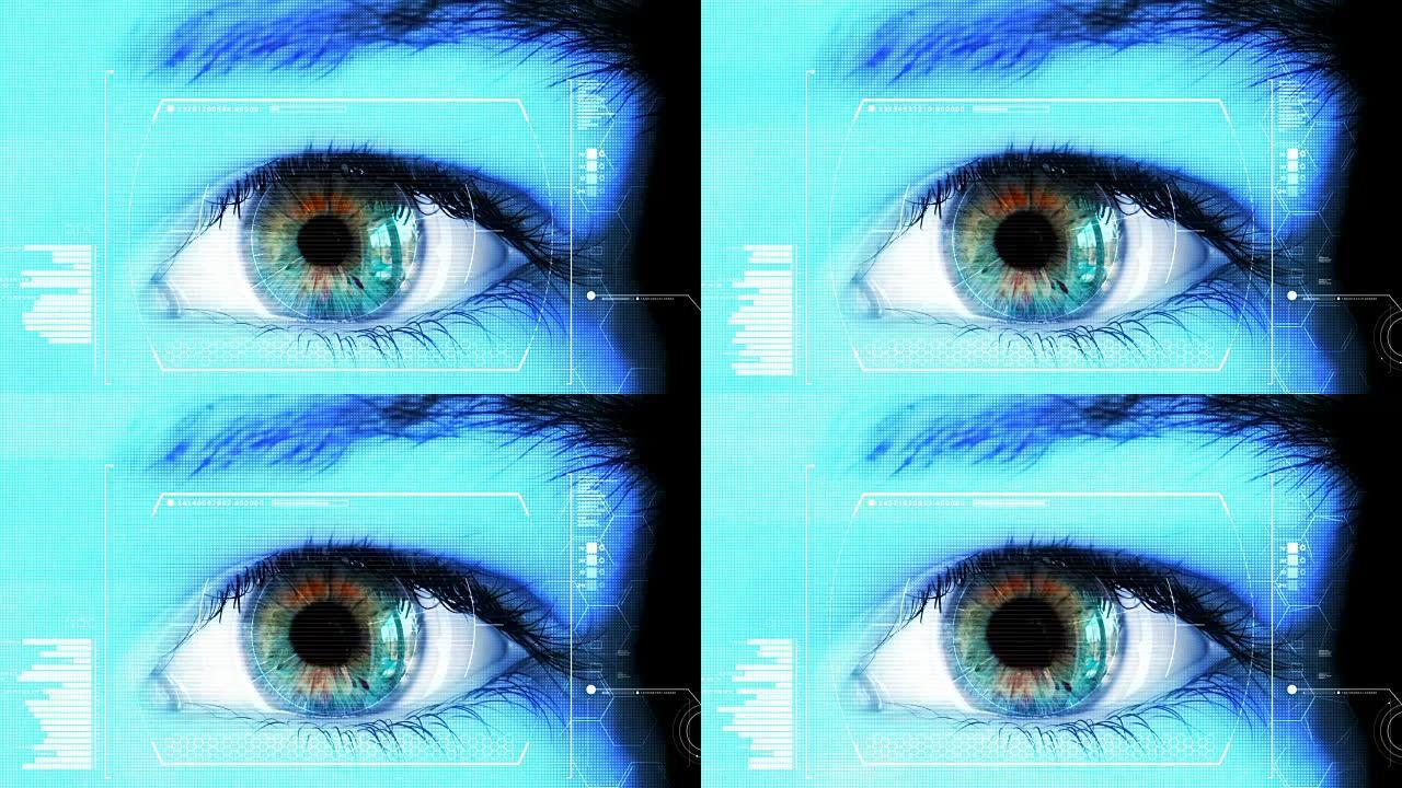 虹膜上带有平视显示器的高科技未来之眼特写