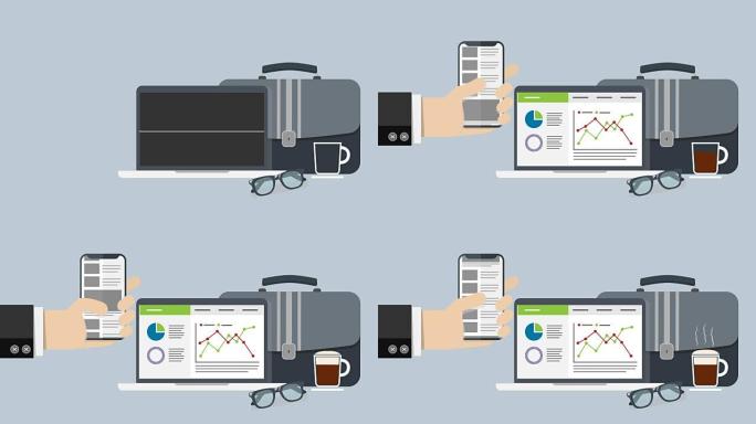 商人的手用手指向上滚动手机触摸屏，屏幕上显示数据图形的计算机笔记本电脑，文件袋和热咖啡杯隔离在灰色背