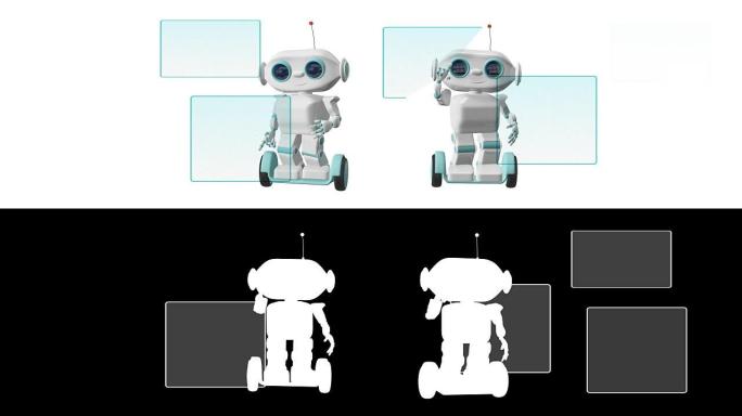 踏板车和蓝屏和阿尔法通道上的3D动画机器人