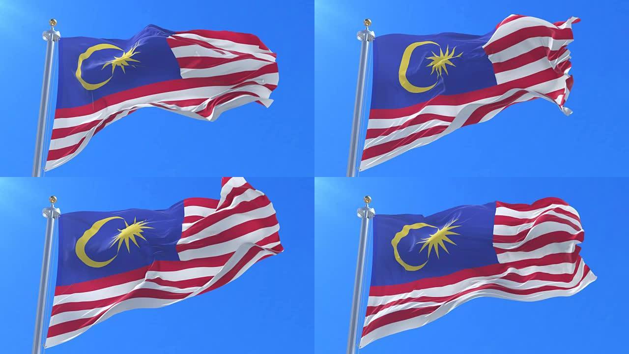 马来西亚国旗在缓慢的循环中挥舞着蓝天