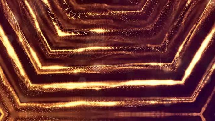 黄金无缝抽象背景与粒子。具有景深，辉光火花和数字元素的虚拟空间。粒子形成线条，表面。用于平视显示器或