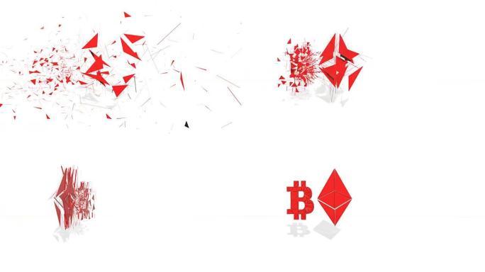 3d红色多边形旋转并组装成3d比特币符号和以太坊。白色背景上的4k 3d清洁动画