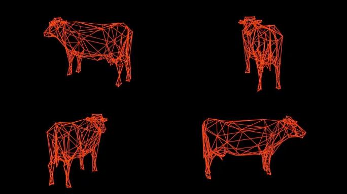 孤立经典奶牛旋转的3d渲染线框模型