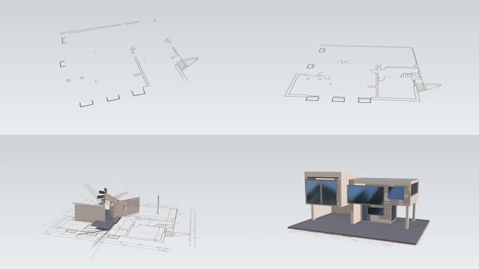 盖房子3D动画图纸模型线条画图