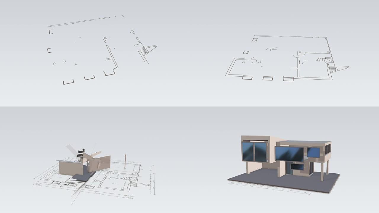盖房子3D动画图纸模型线条画图